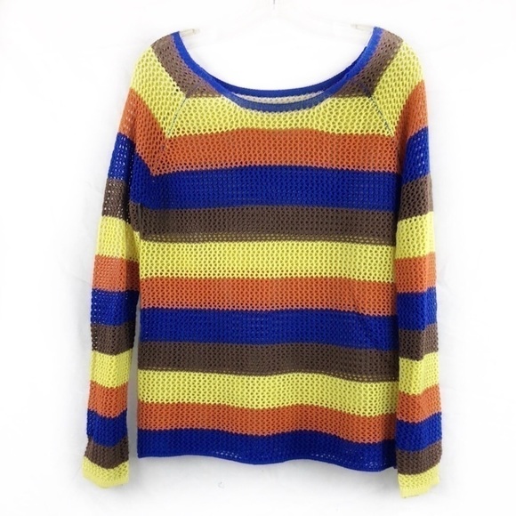 Euc-blu Pepper Vibrant Color Striped, Crochet, RoundNeck, Long Sleeve Boho Top M - Picture 1 of 5